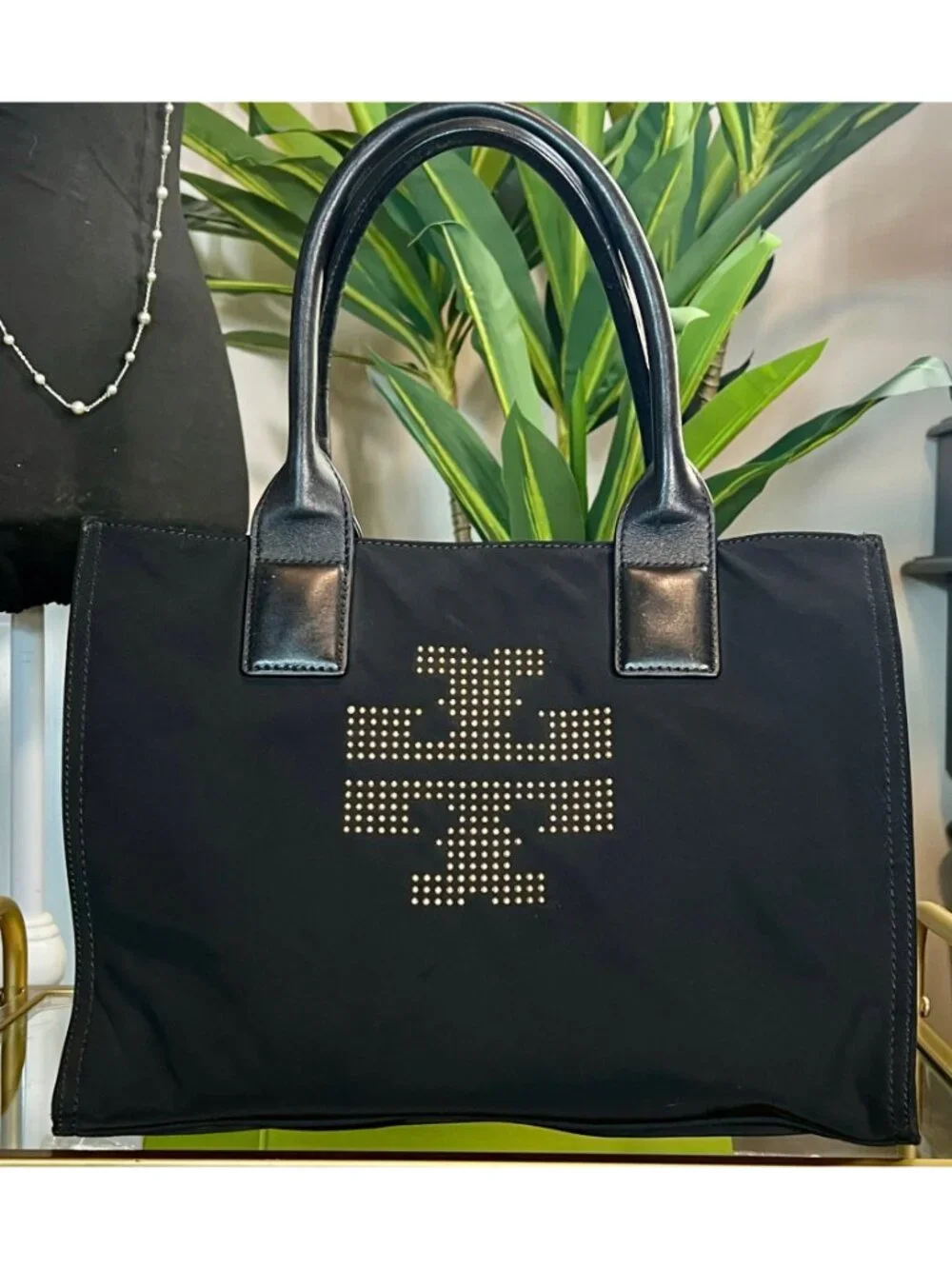 ***Tory Burch Black Nylon Tote Bag With Leather Handles & Studded Logo